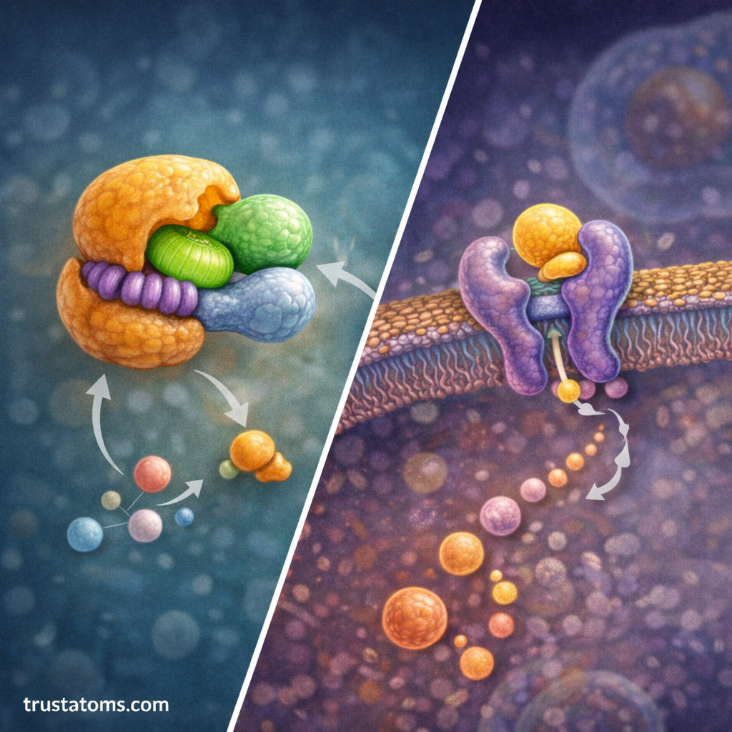 Split biology diagram showing enzyme–substrate binding on one side and cell receptor–ligand signaling across a cell membrane on the other.