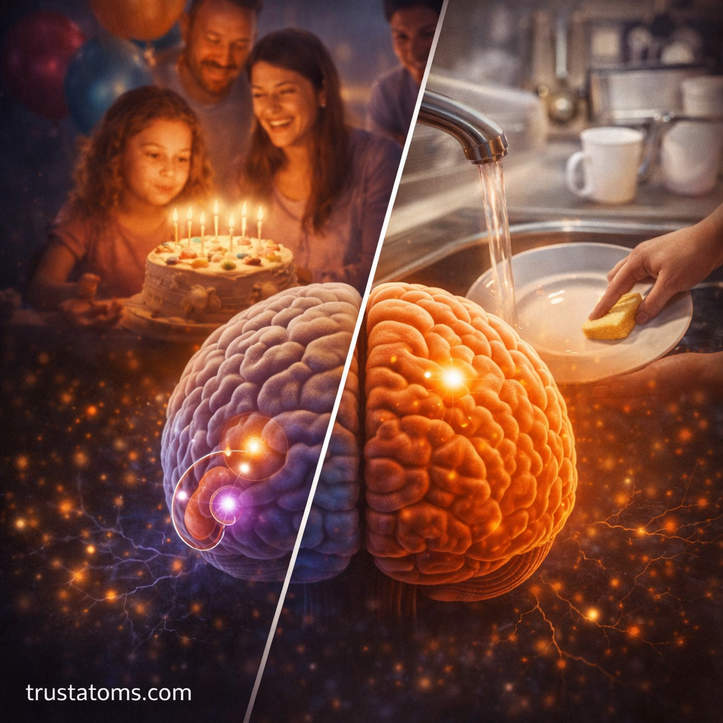 Split illustration showing an emotional event memory on one side and a routine task memory on the other, highlighting different memory systems in the brain.
