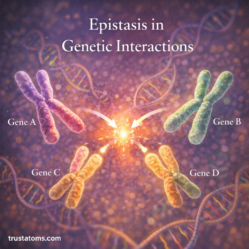 Illustration showing epistasis in genetic interactions where multiple genes influence a single trait through interacting chromosomes and DNA pathways.