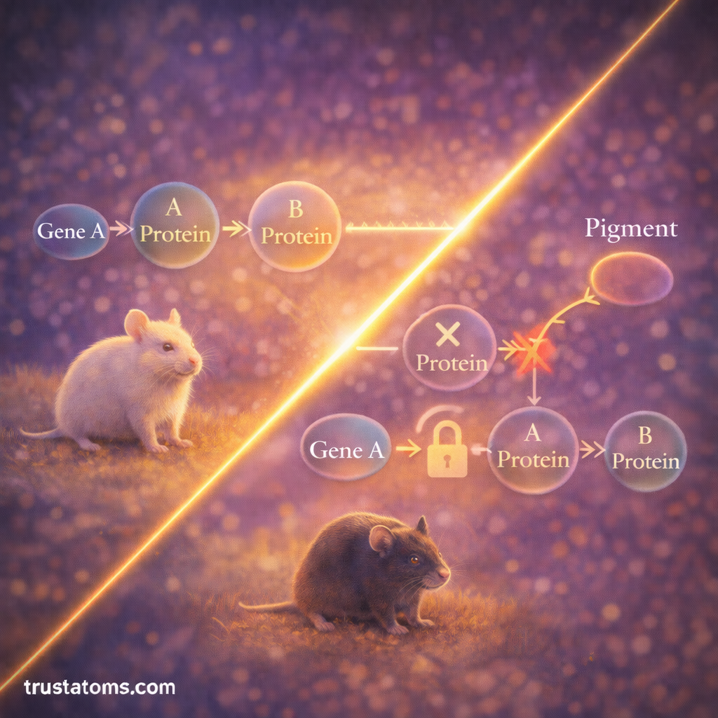 Diagonal split illustration showing epistasis in pigment pathways where interacting genes affect coat color expression in mice.