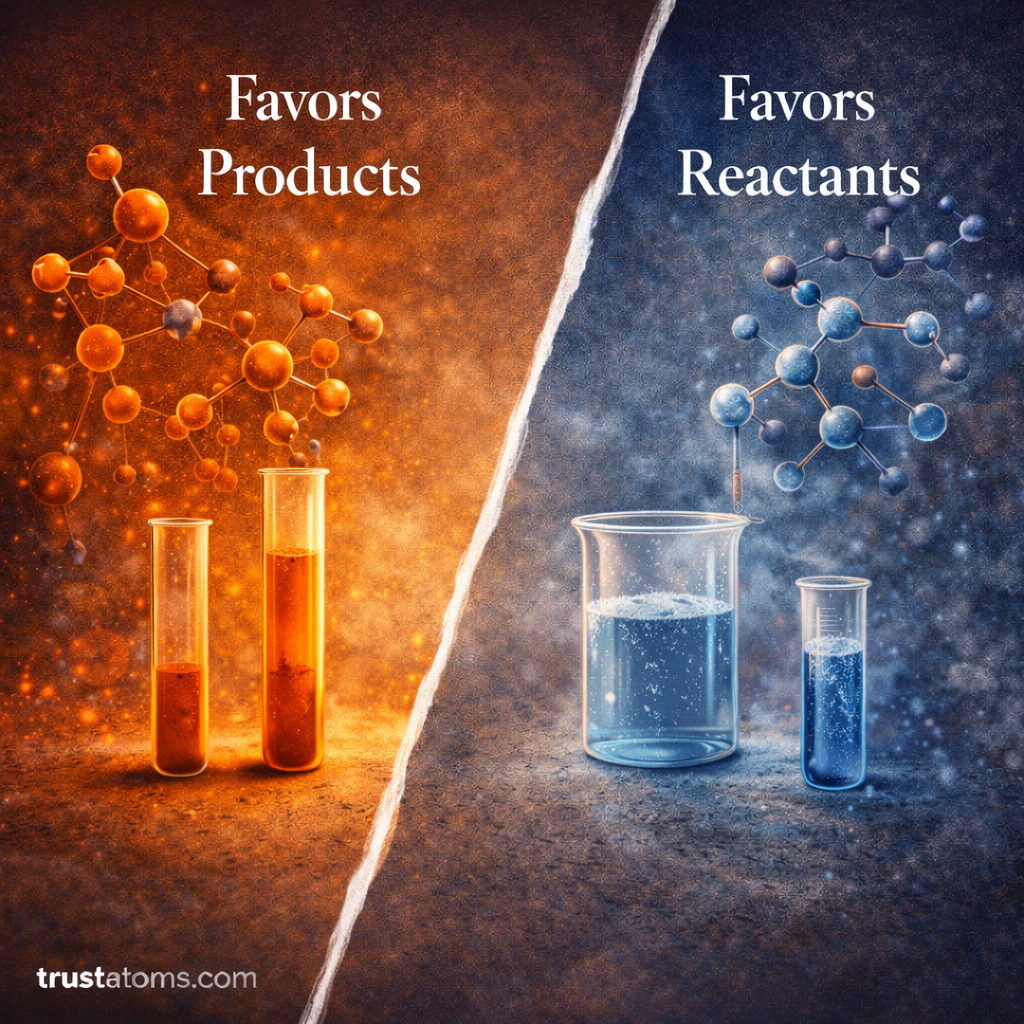 Split illustration showing chemical equilibrium where one side favors products and the other favors reactants with laboratory glassware and molecular structures.