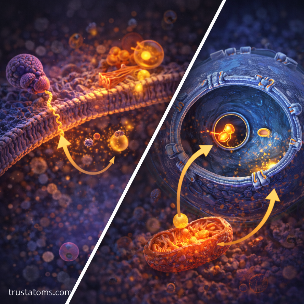 Split diagram showing protein targeting pathways with ribosome and endoplasmic reticulum transport on one side and nuclear and mitochondrial protein targeting on the other.