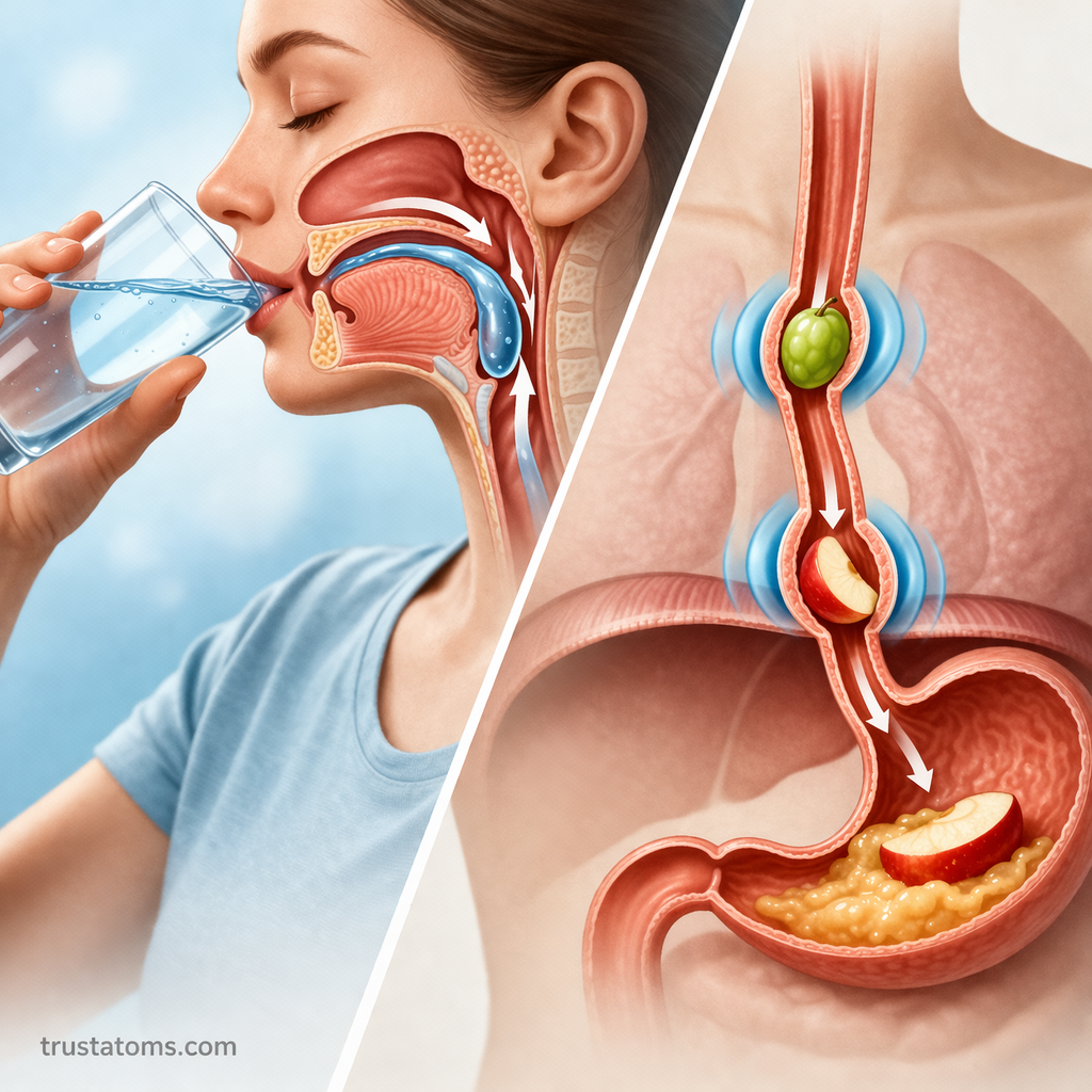 Split diagram showing swallowing of liquid and peristalsis moving food through the esophagus into the stomach.