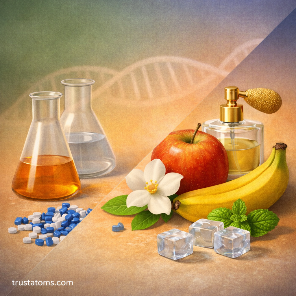 Educational split illustration showing laboratory glassware and polymer pellets on one side and fruit, perfume, and mint on the other representing natural and industrial uses of esters.