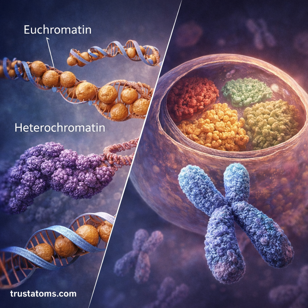Split diagram showing euchromatin and heterochromatin structures alongside a eukaryotic cell nucleus with organized chromosome territories.