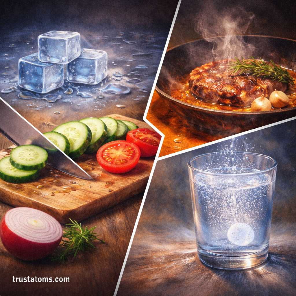 Educational illustration showing examples of physical and chemical changes including melting ice, cutting vegetables, cooking meat, and a fizzing tablet in water.