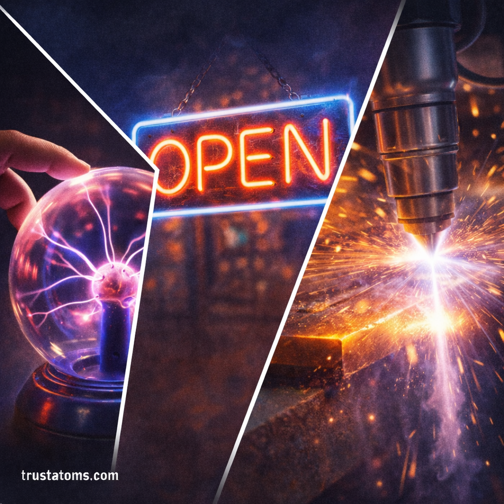 Educational illustration showing examples of plasma including a plasma globe with electric arcs, a glowing neon sign, and a plasma cutter cutting metal.