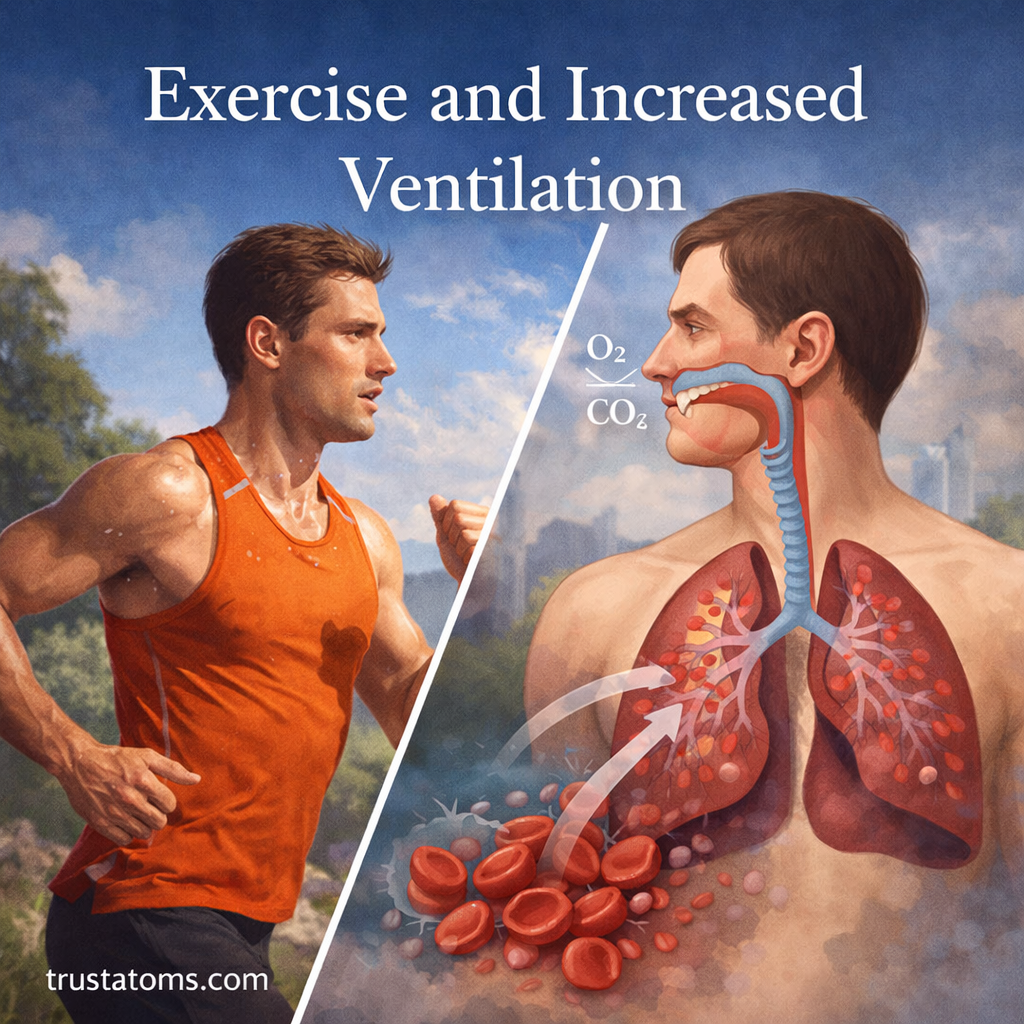 Illustration of a runner with a split view of the respiratory system showing oxygen intake and carbon dioxide release during exercise.