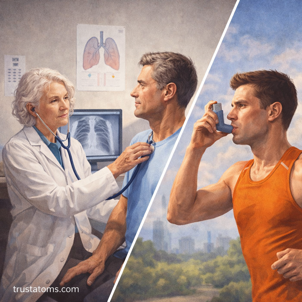 Split illustration showing a doctor examining lung function and a runner using an inhaler during exercise.