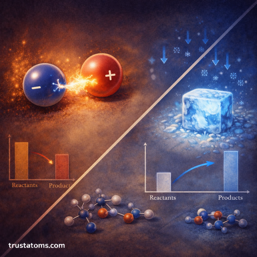 Split illustration comparing exothermic and endothermic reactions, showing energy release and energy absorption during chemical processes.