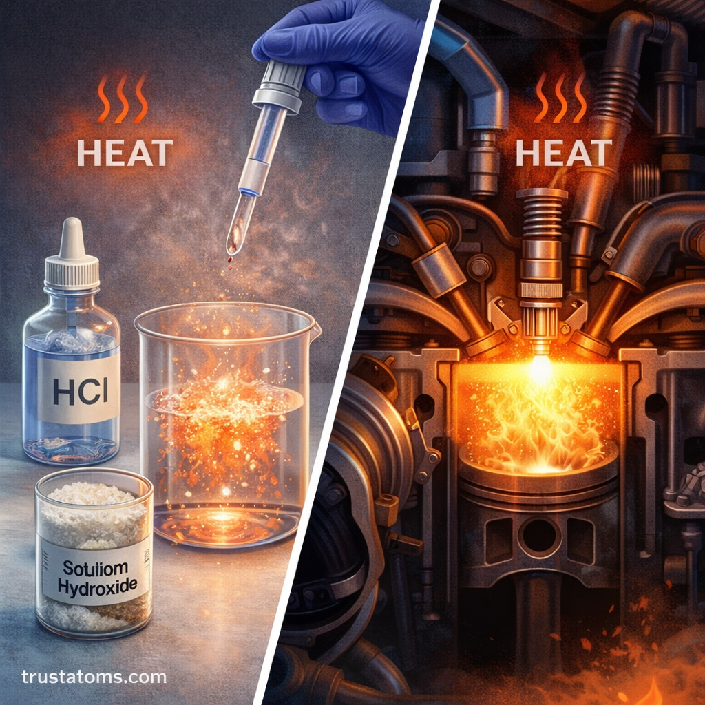 Split illustration showing examples of exothermic reactions, including a neutralization reaction in a laboratory beaker and combustion inside a car engine releasing heat.