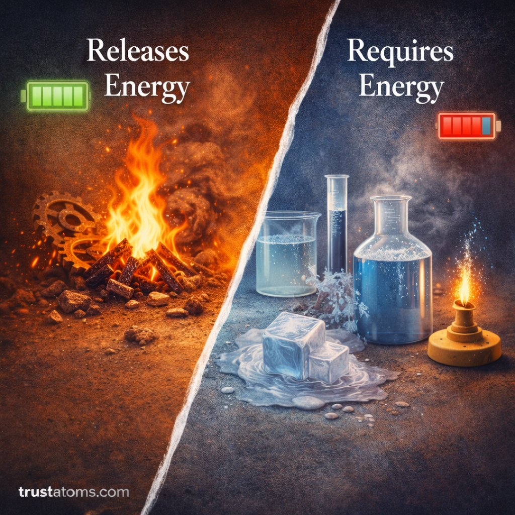 Split illustration showing energy-releasing and energy-requiring chemical reactions with fire, melting ice, and laboratory glassware.