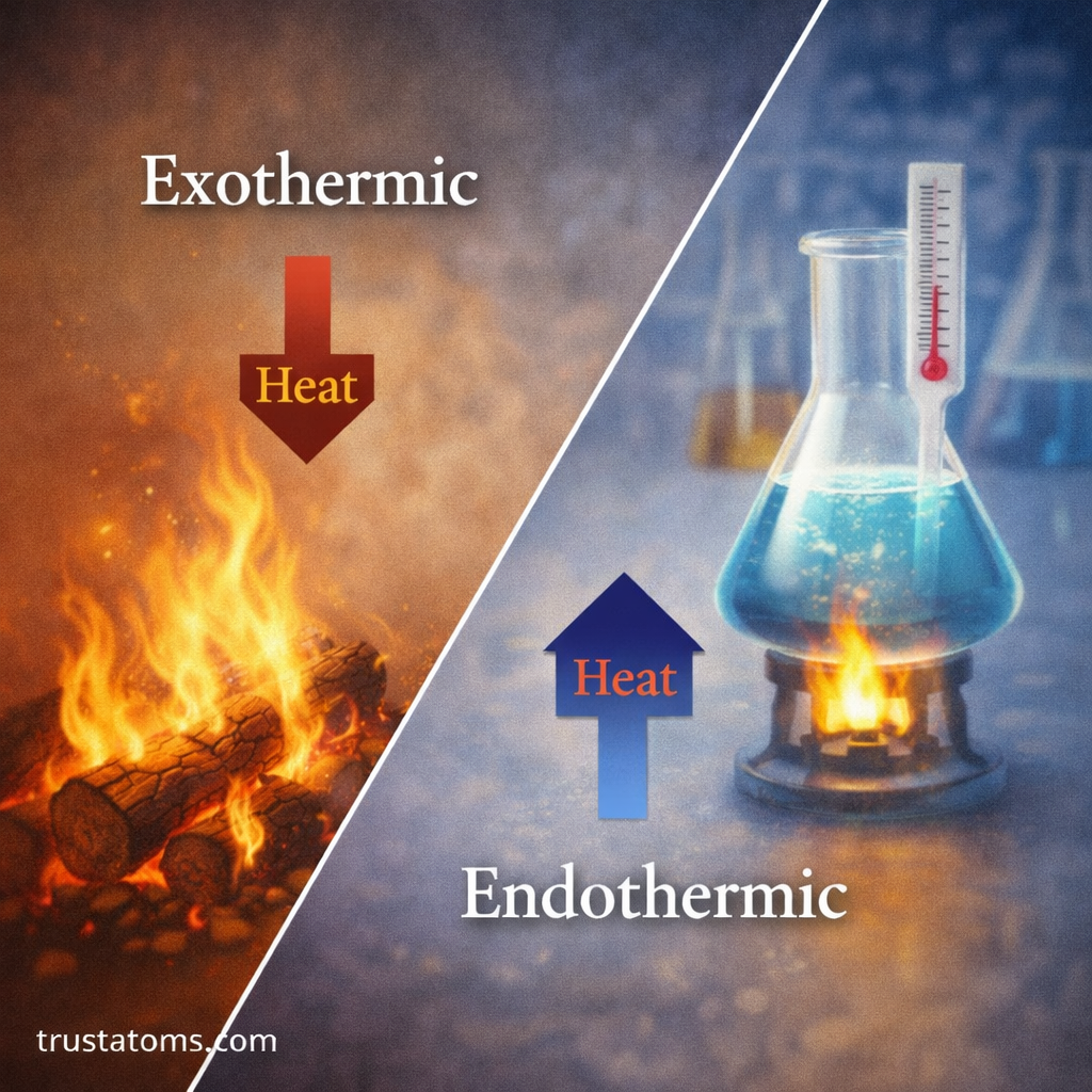 Split illustration comparing an exothermic combustion reaction releasing heat with an endothermic laboratory reaction absorbing heat.