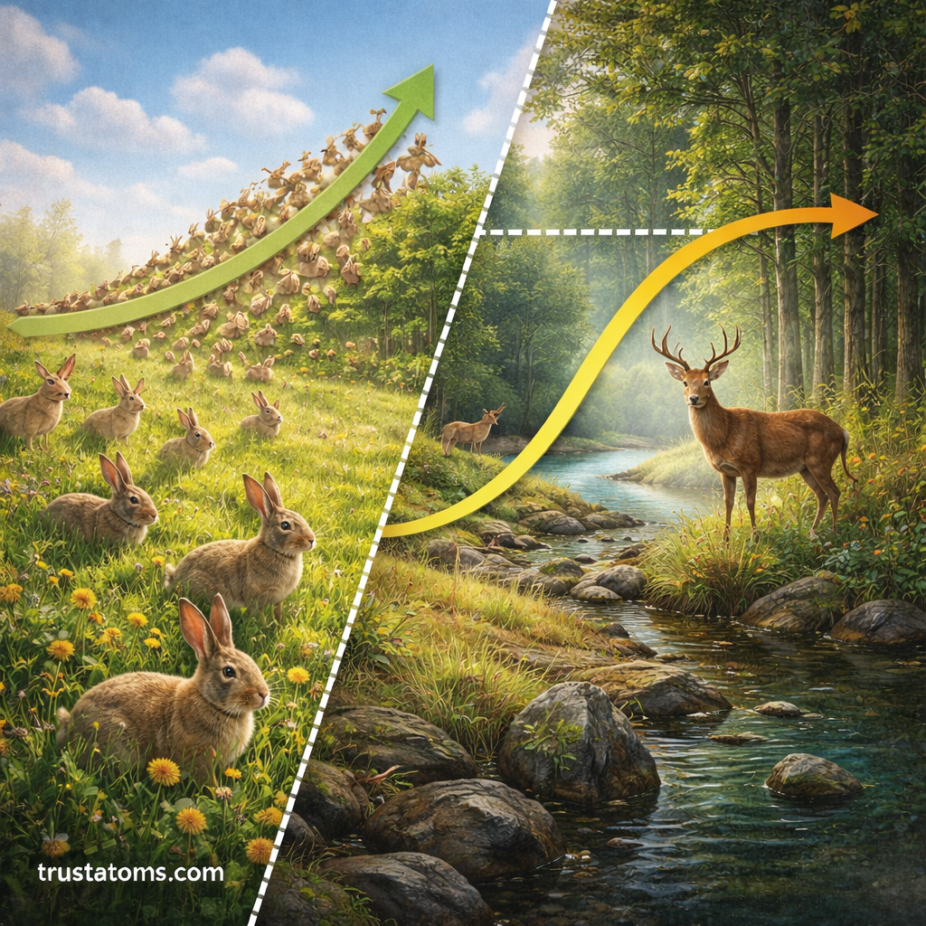Split illustration comparing exponential population growth in rabbits with logistic population growth in deer limited by environmental carrying capacity.