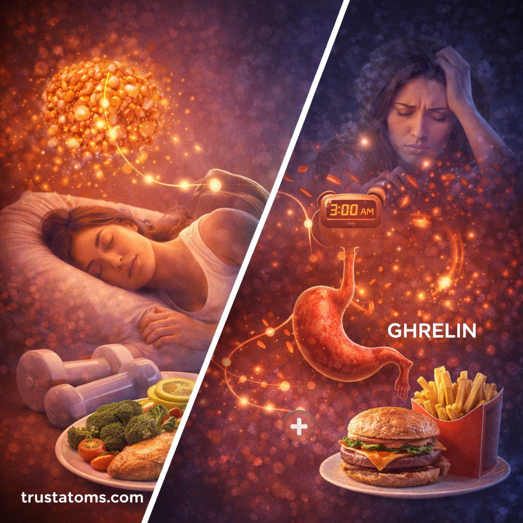 Split illustration showing healthy habits like sleep and nutrition versus stress and poor diet affecting leptin and ghrelin levels.