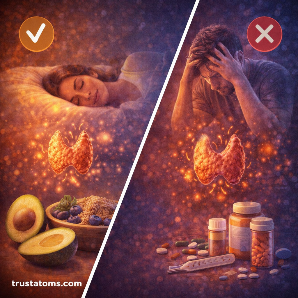 Split illustration showing healthy habits like sleep and nutrition versus stress and medication affecting thyroid function.