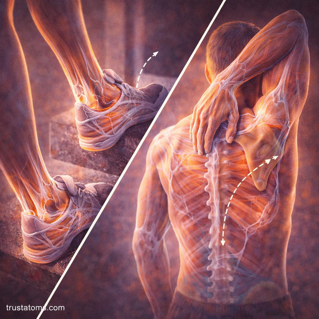 Split illustration showing fascia involvement during calf stretch and upper body stretch with connective tissue highlighted.