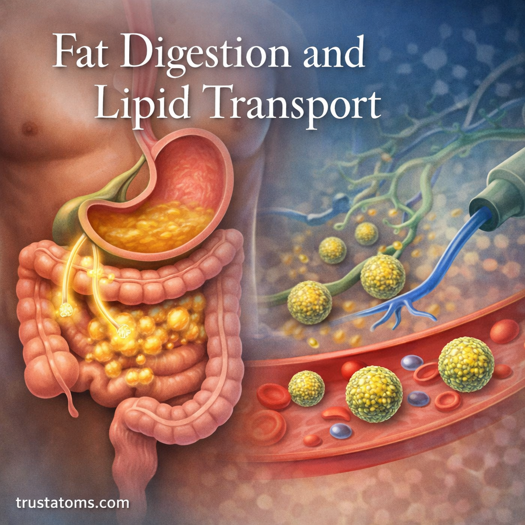 Illustration showing fat digestion in the small intestine with bile emulsification and lipid transport through lymphatic and blood vessels.