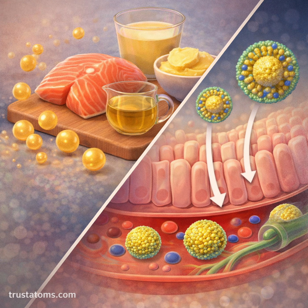 Split illustration showing dietary fat sources like salmon and oils on one side and micelle formation with lipid absorption into intestinal cells on the other.
