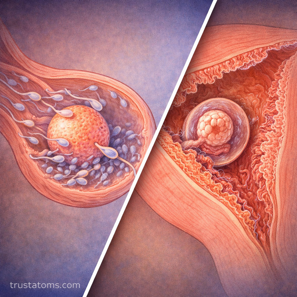 Split diagram showing fertilization in the fallopian tube and early embryo implantation in the uterus.