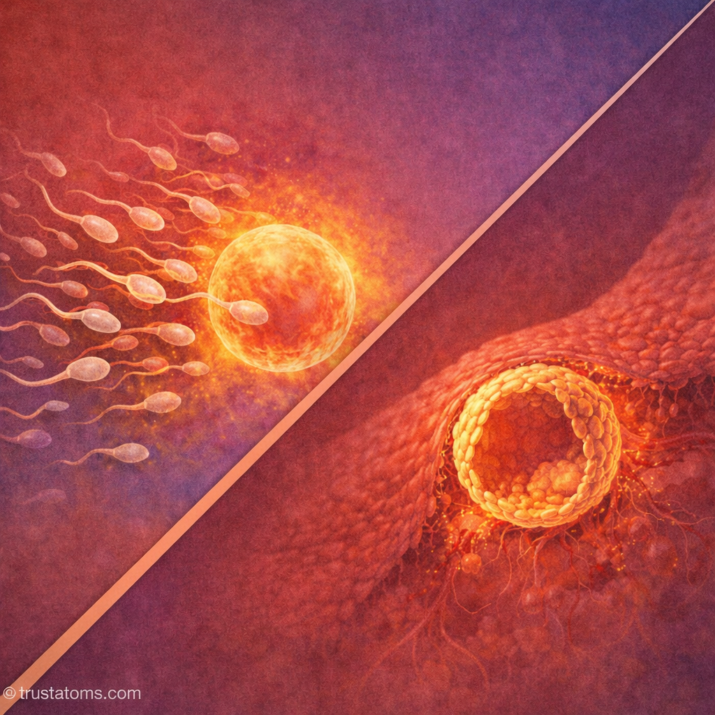 Split illustration showing sperm fertilizing an egg and blastocyst implantation into the uterine lining.