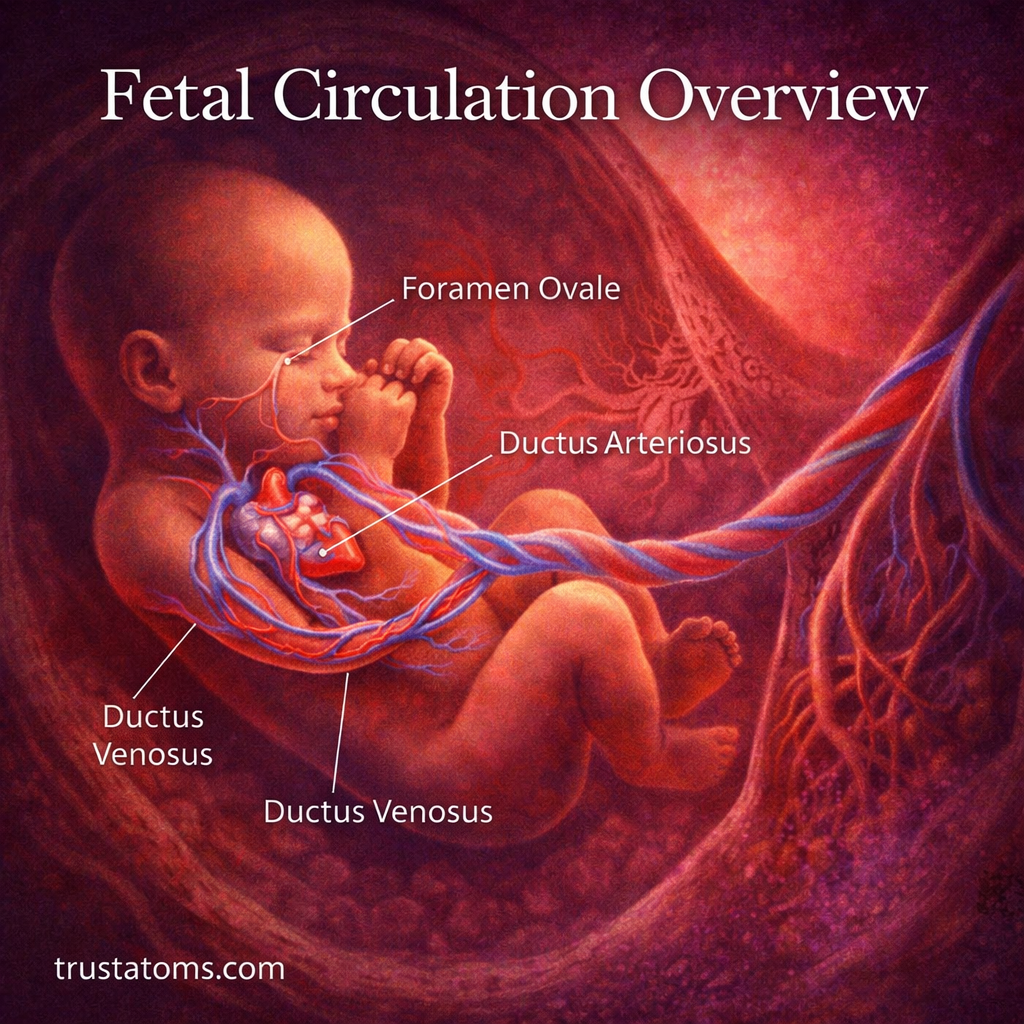 Illustration of fetal circulation showing blood flow through the placenta, foramen ovale, ductus arteriosus, and ductus venosus.