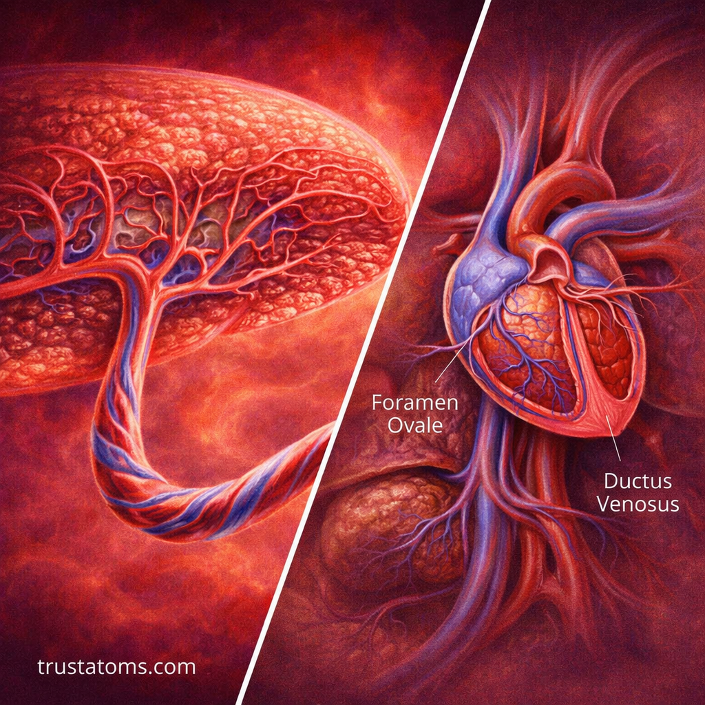 Split illustration showing placenta blood exchange and fetal heart circulation with foramen ovale and ductus venosus pathways.