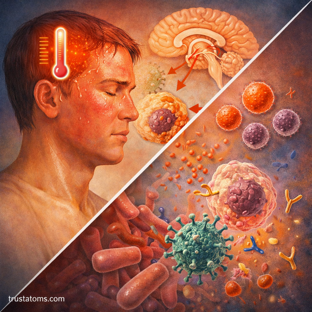 Split illustration showing a person with fever on one side and immune cells attacking pathogens on the other side.