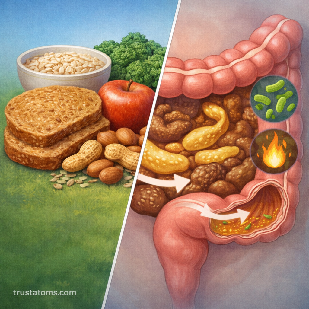 Split illustration showing fiber-rich foods on one side and colon digestion with gut bacteria on the other.