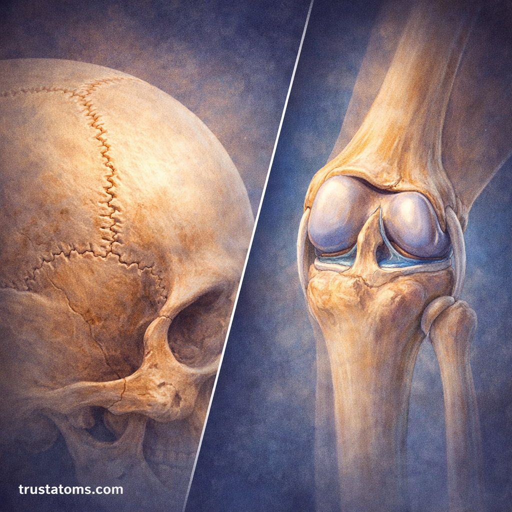 Split illustration comparing an immovable skull joint and a movable knee joint to show differences in joint types and mobility.