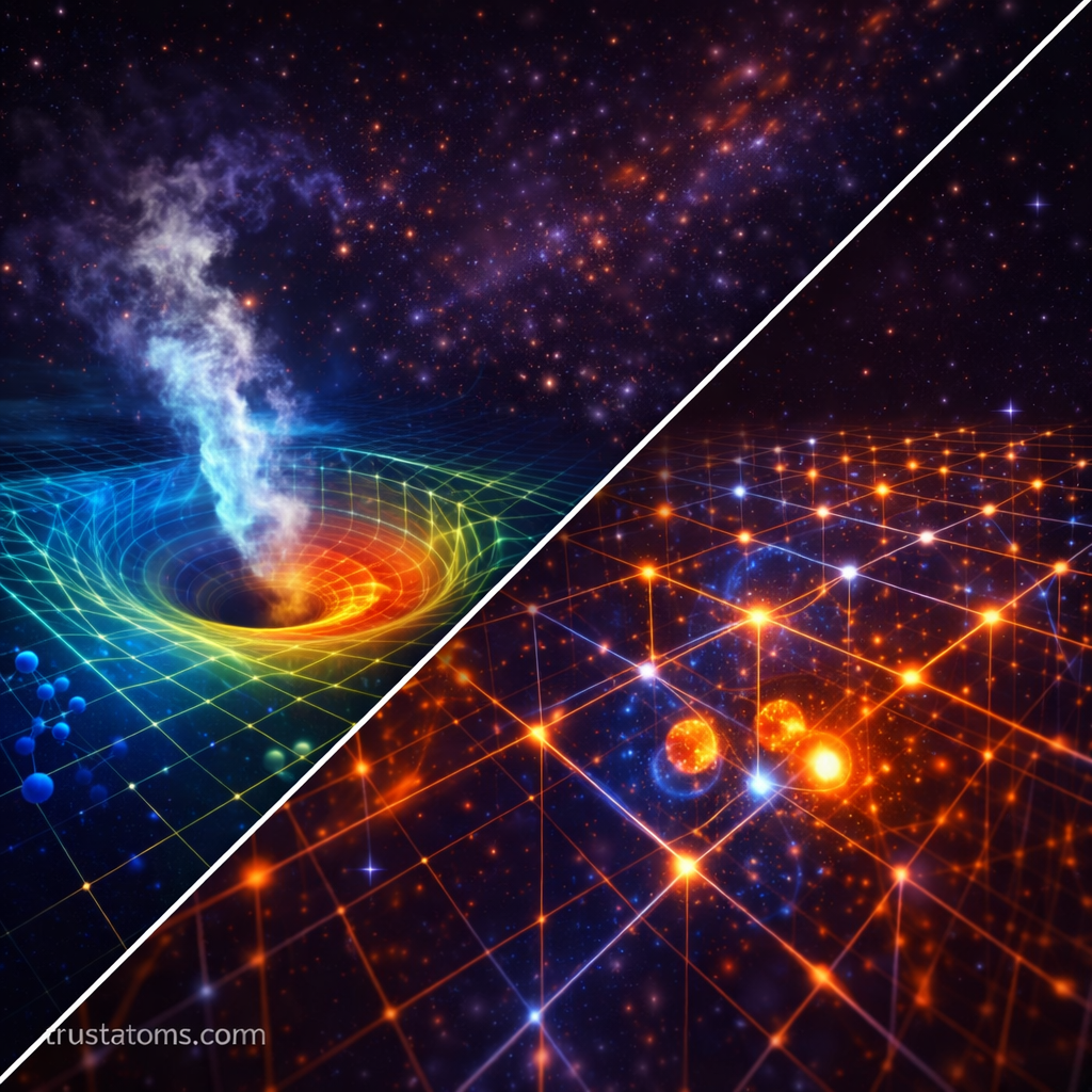 Diagonal split illustration showing a computational fluid dynamics grid simulation on one side and a lattice-based particle simulation on the other, representing advanced numerical methods in physics, with trustatoms.com watermark.