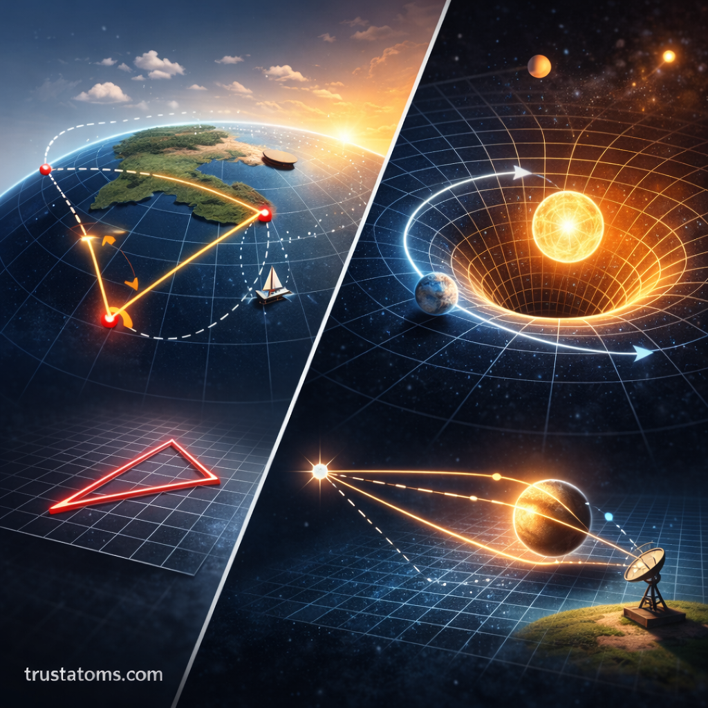Split illustration comparing flat Euclidean grid motion with curved spacetime around a massive object, trustatoms.com watermark.