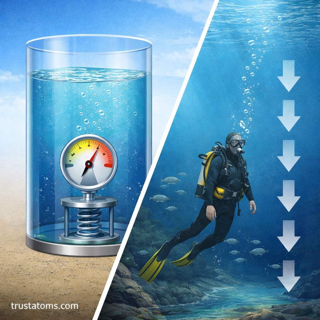 Split illustration showing a water container with a pressure gauge on one side and a scuba diver experiencing increasing water pressure with depth on the other.
