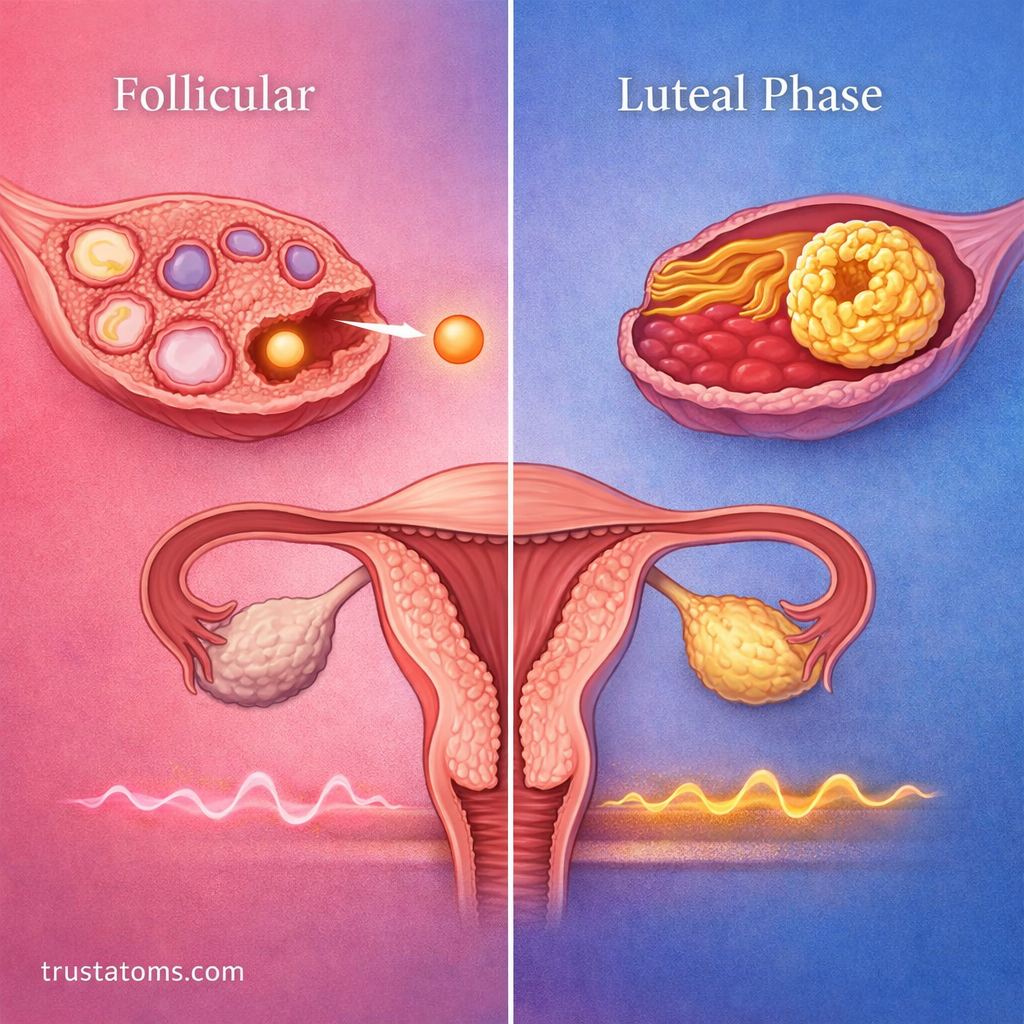 Split illustration comparing follicular and luteal phases with ovary changes, ovulation, and uterine lining differences.