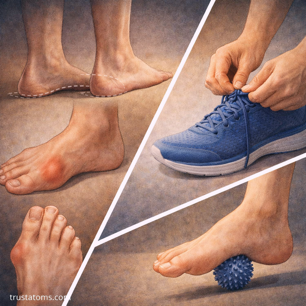 Split illustration showing foot alignment issues and supportive solutions like proper footwear and foot exercises.