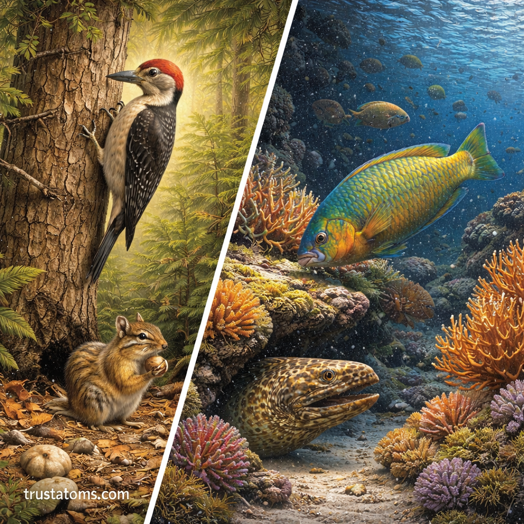 Split illustration showing ecological niches in a forest with a woodpecker and chipmunk and in a coral reef with a parrotfish and moray eel.