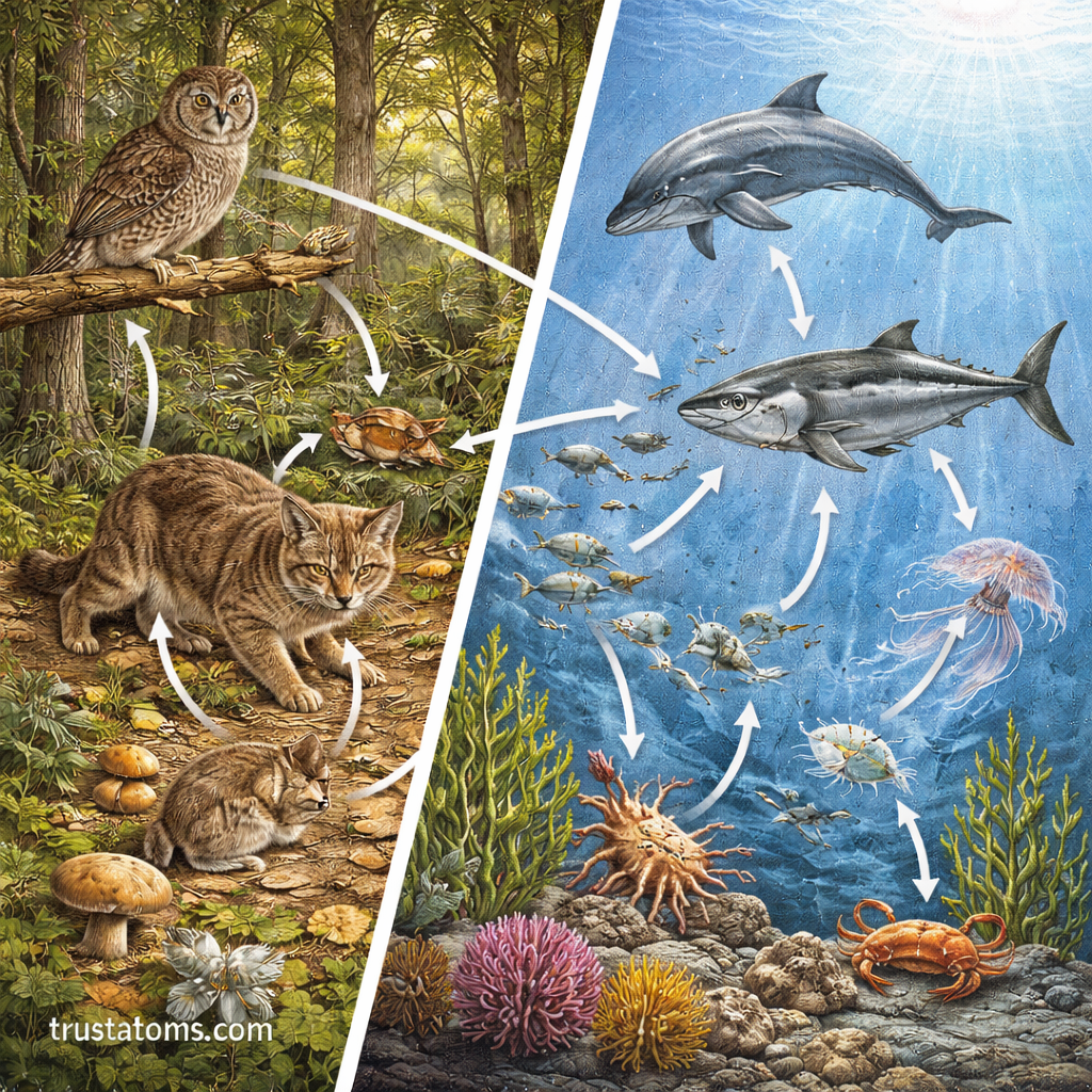 Split illustration comparing a forest food web with owl and bobcat and an ocean food web with dolphin, tuna, jellyfish, and smaller marine species.