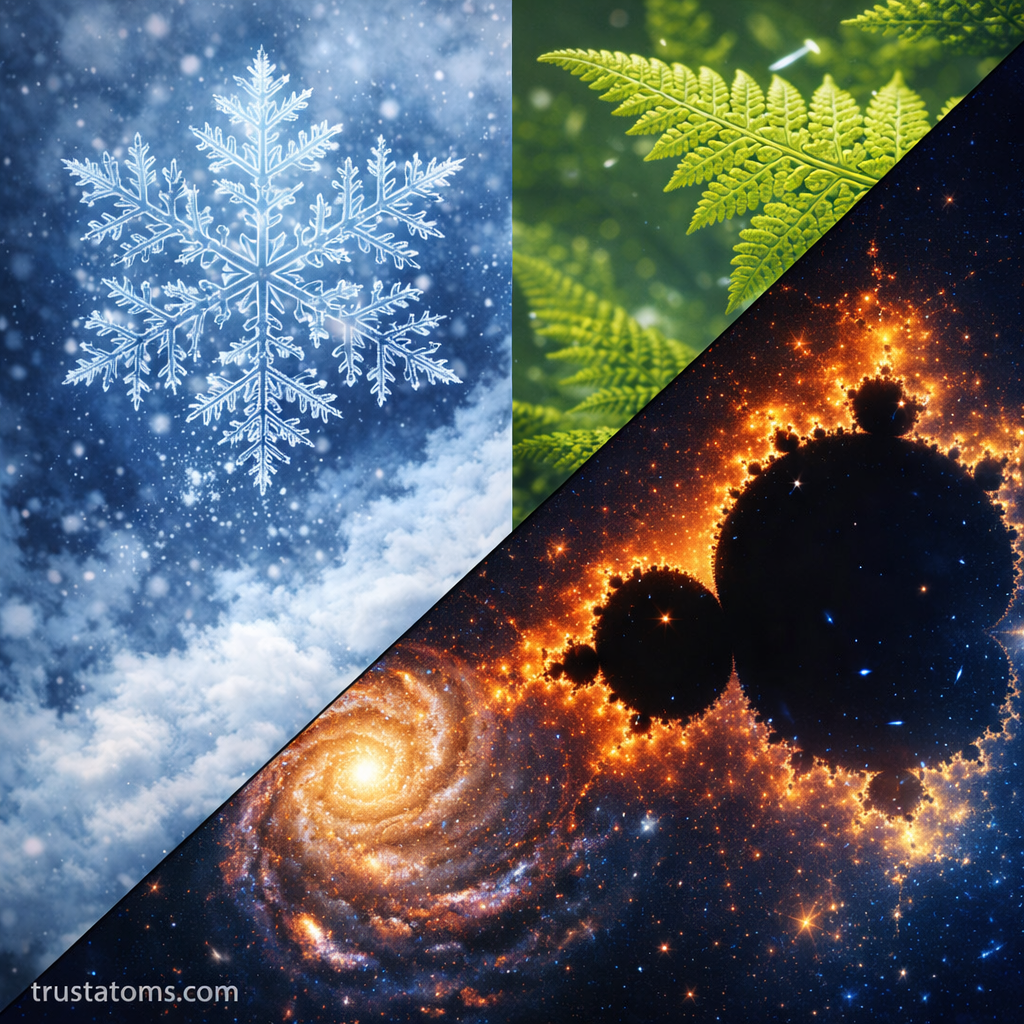 Diagonal split illustration showing a snowflake and fern leaf contrasted with a spiral galaxy and fractal structure, representing fractal geometry in natural and chaotic systems.