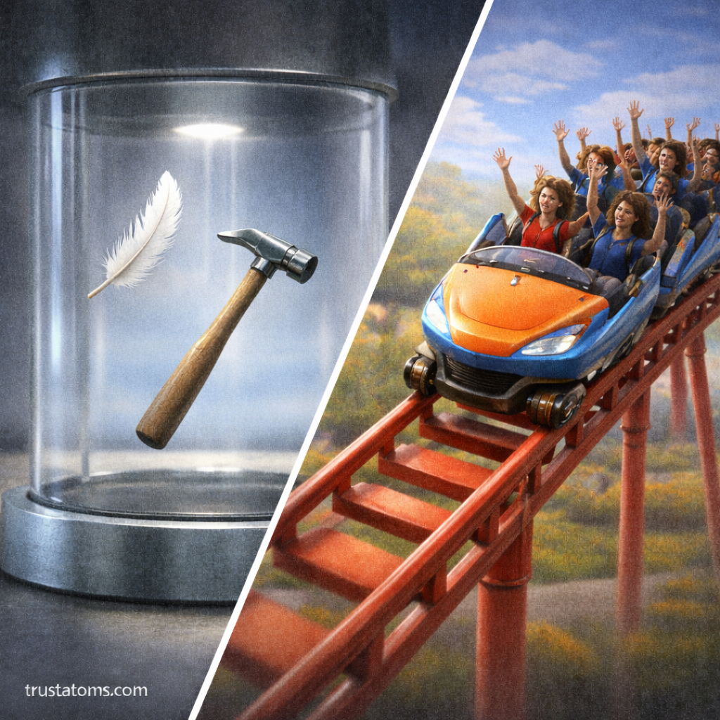 Split illustration showing a feather and hammer falling together in a vacuum chamber and a roller coaster descending steeply to demonstrate free fall concepts.