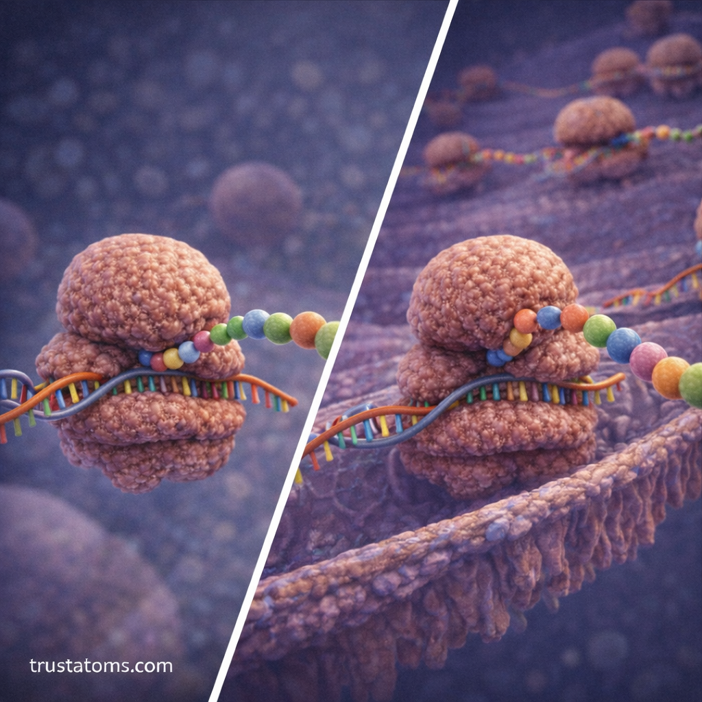 Diagram comparing free ribosomes in the cytoplasm and ribosomes attached to the rough endoplasmic reticulum during protein synthesis.