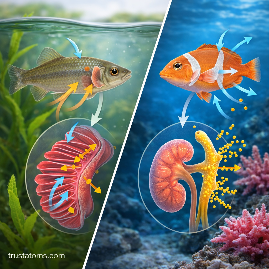 Split illustration showing osmoregulation in freshwater fish gaining water and marine fish excreting excess salt.