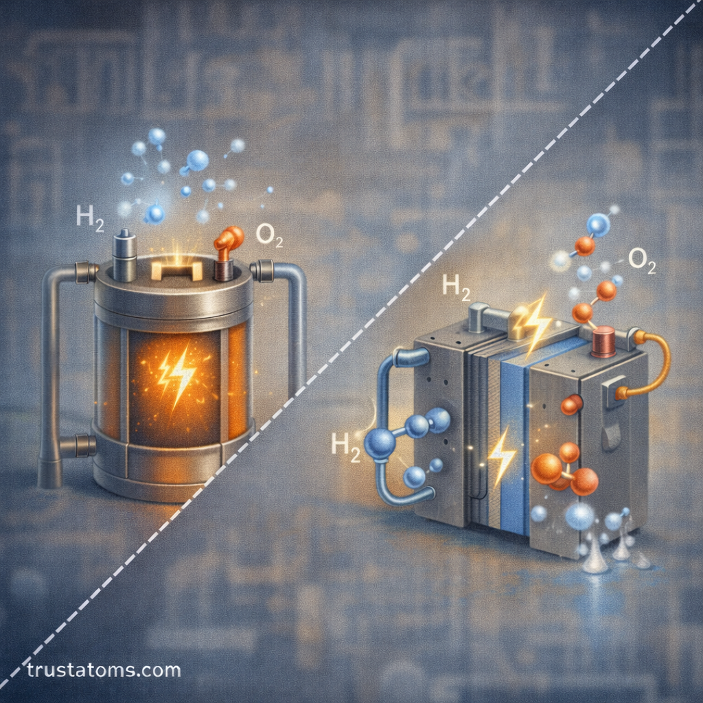 Illustration comparing two fuel cell technologies showing hydrogen and oxygen reactions generating electricity in different fuel cell designs.
