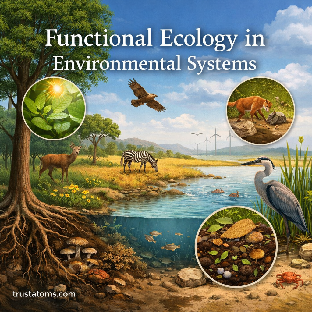 Illustration showing functional ecology across environmental systems with plants, animals, decomposers, and nutrient cycling in forest, grassland, and water ecosystems.