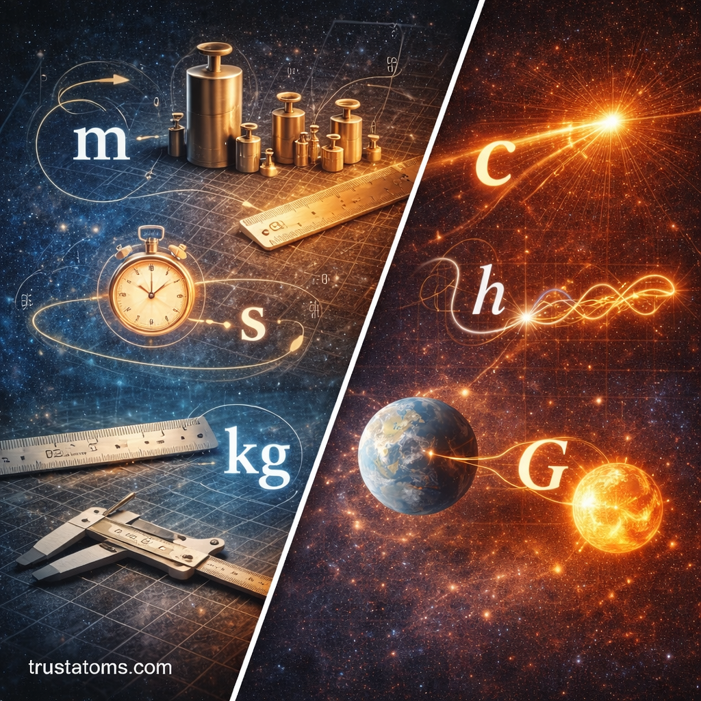 Diagonal split illustration showing SI base measurement tools on one side and fundamental physical constants represented conceptually in a cosmic setting on the other.