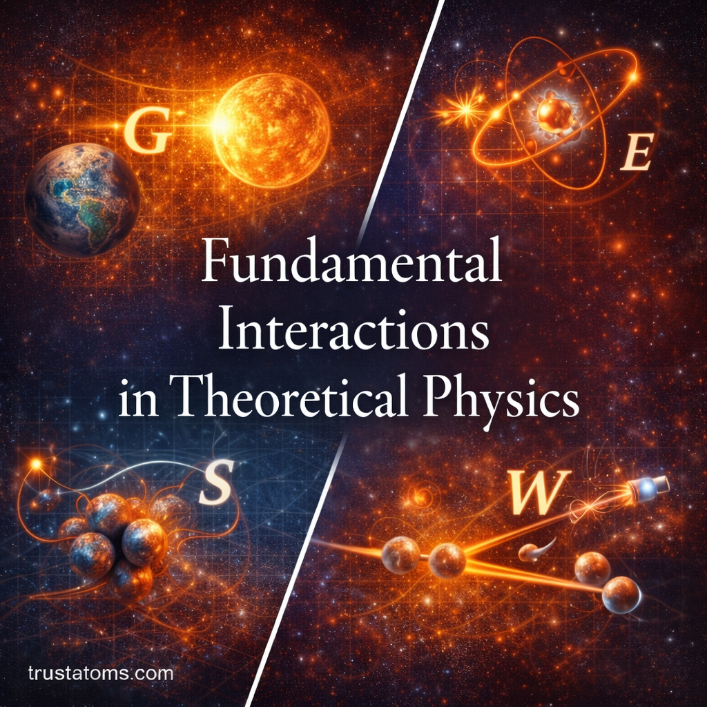 Illustration representing the four fundamental interactions in theoretical physics, including gravity, electromagnetism, strong force, and weak force in a cosmic setting.