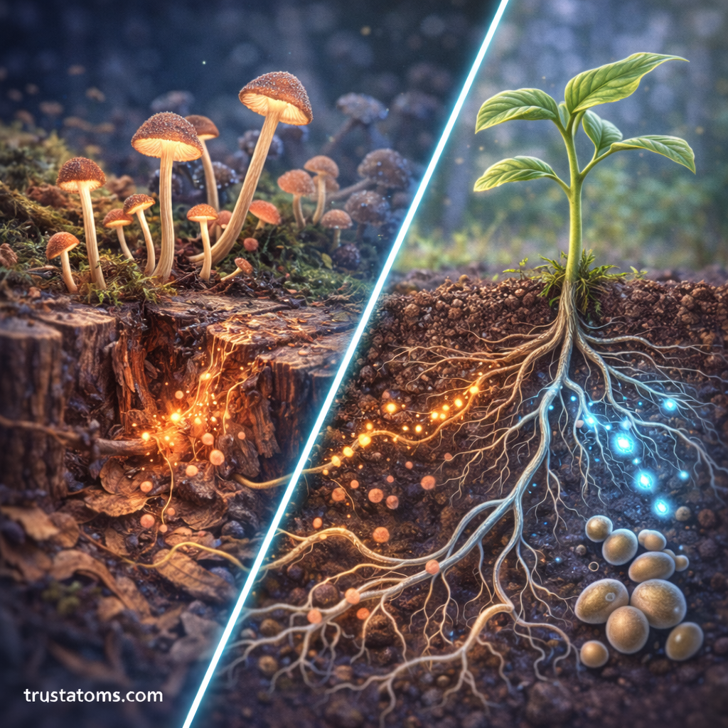 Split diagram showing fungi decomposing organic matter on one side and mycorrhizal fungi forming a symbiotic relationship with plant roots on the other.