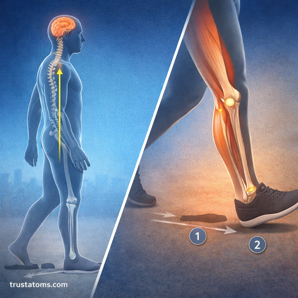 Split diagram showing human walking balance and lower leg muscle activity during gait.