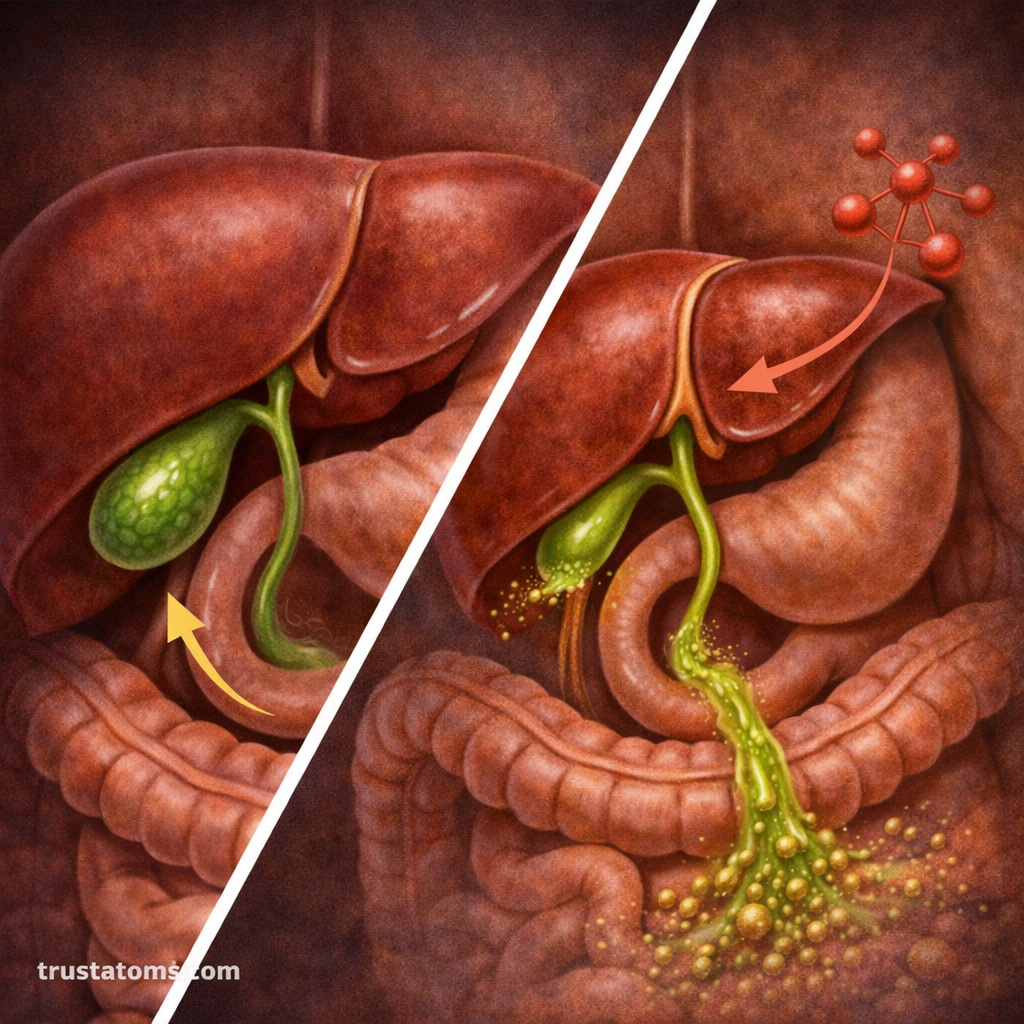 Split diagram showing bile storage in the gallbladder and its release into the small intestine during digestion.