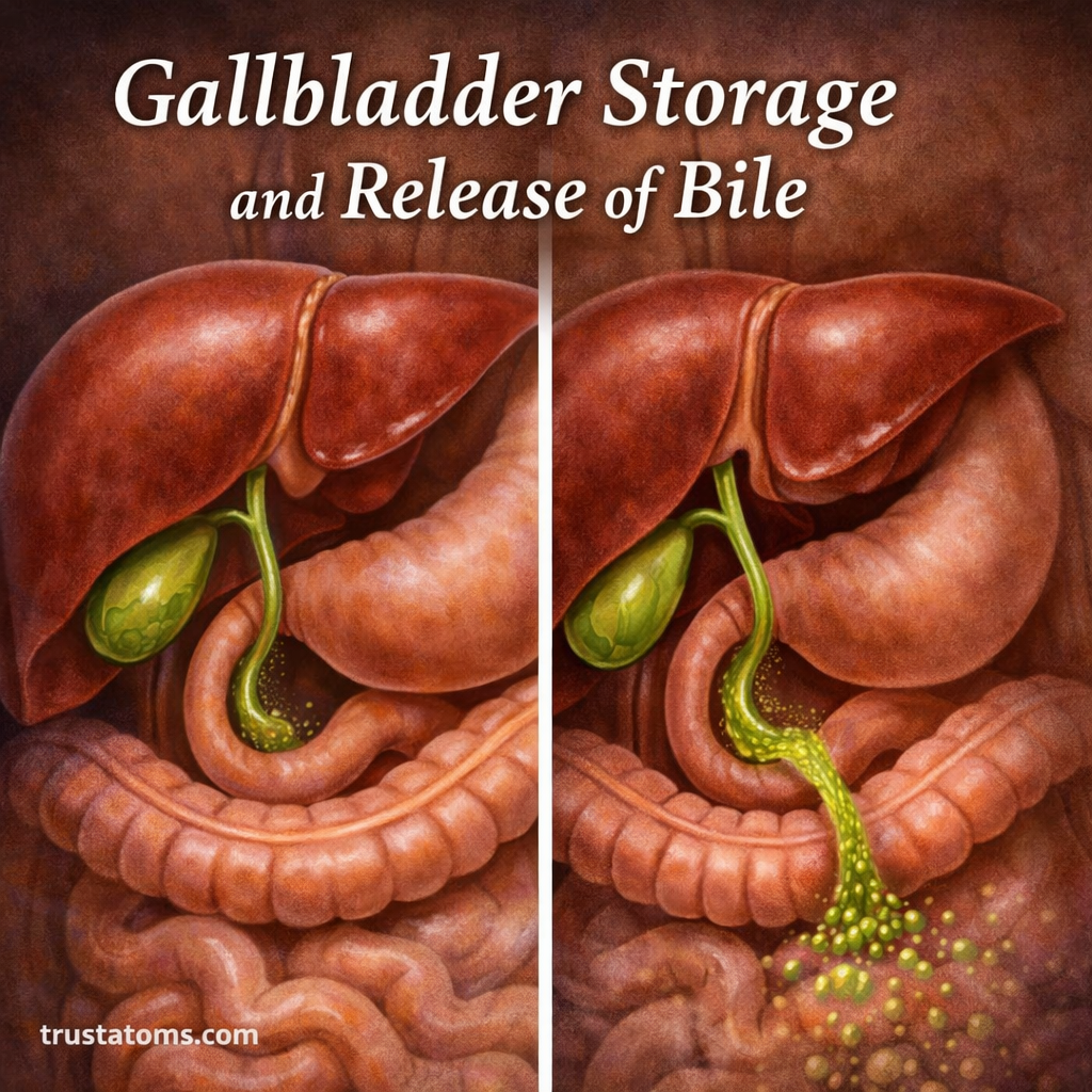 Illustration showing the gallbladder storing bile and releasing it into the small intestine during digestion.