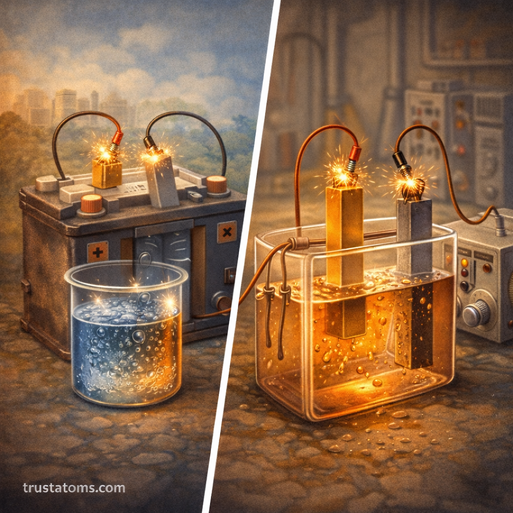 Split illustration comparing a galvanic battery producing electricity and an electrolytic cell using electricity to drive a chemical reaction.